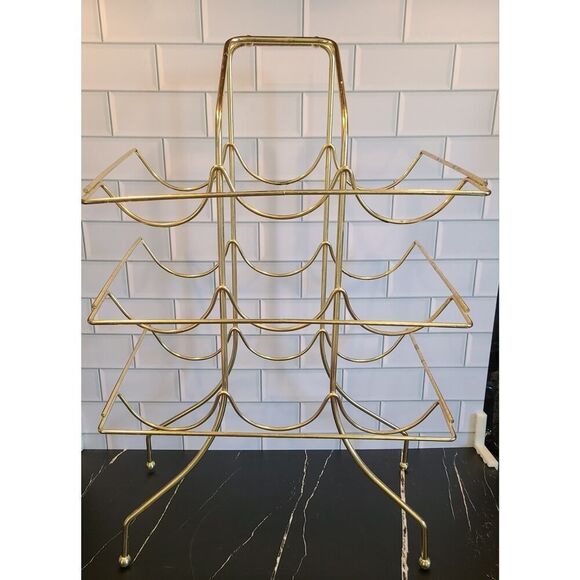 Vintage Gold Brass Wine Rack 9 Bottle Liquor Holder Bar Caddy w Handle MCM Retro - Picture 5 of 12